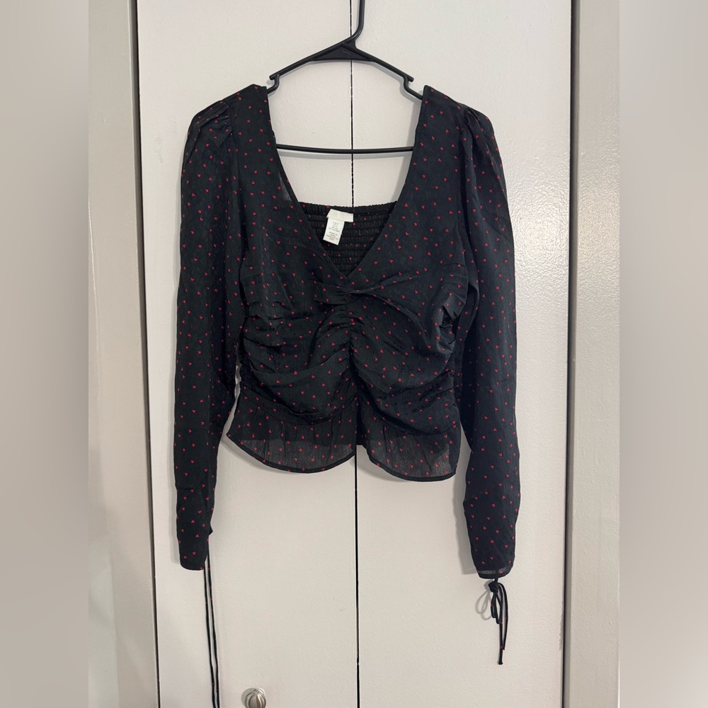 H&M Black Ruched Tie Front Blouse with Hearts